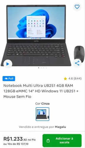 NOVO Notebook Multi Ultra UB251 4GB RAM 128GB eMMC 14" HD Windows 11 UB251 + Mouse Sem Fio