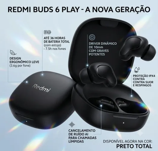 Fone Bluetooth Redmi Buds 6 Play Preto - Novo na Caixa ( lacrado)