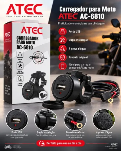 Carregador para Moto ATEC AC-6810 USB + Cabo Grátis Tipo-C ou Lightning - iPhone