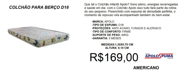Colchão para berço padrão americano espuma d18 - à pronta entrega