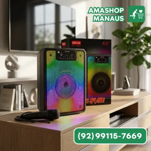 Caixa de Som Potente Bluetooth Karaoke com Microfone Sem Fio e Iluminação RGB