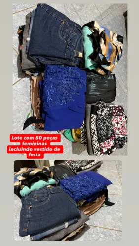 Lote com 50 peças de roupas femininas incluindo vestido de festa e blusas novas