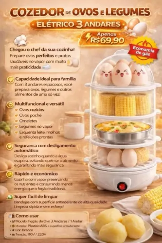 COZEDOR DE OVOS E LEGUMES ELÉTRICO 3 ANDARES