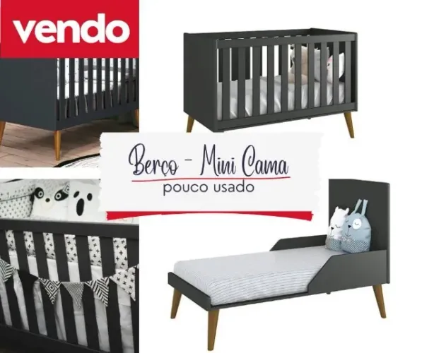 Berço Mini Cama com colchão - Theo Retrô Grafite fosco com pés amadeirado