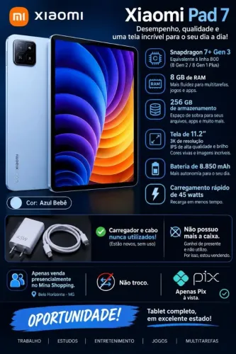 Tablet Xiaomi Pad 7 - 8GB/256GB - Praticamente Novo