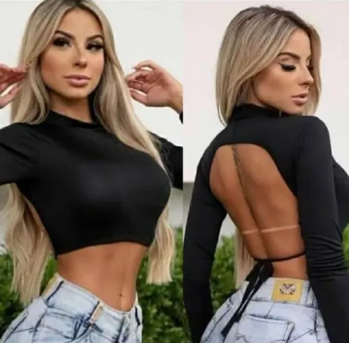 blusa cropped manga longa abertura nas costas