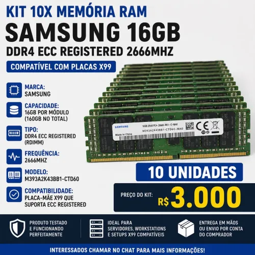 Kit 10x Memória RAM Samsung 16GB DDR4 ECC Registered 2666MHz - Compatível com X99
