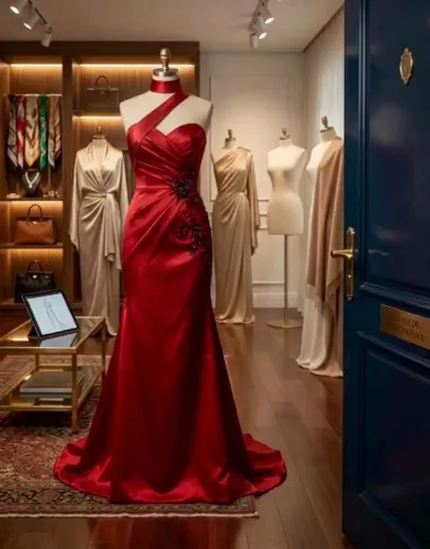 Deslumbrante vestido longo ricamente bordado com aplicação de renda e cauda irregular