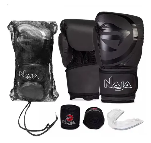 Kit Luva Boxe Muay Thai Naja Black Line 12oz + Bandagem + Bucal Preto