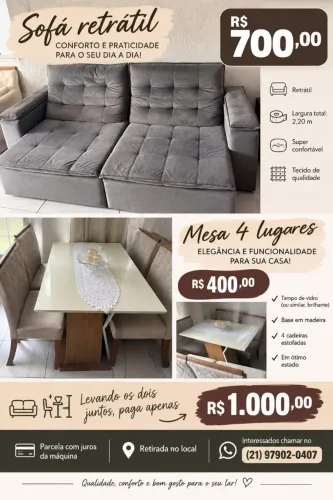 Conjunto de Sofá + Mesa c/4 cadeiras - Seminovo