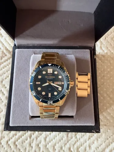 Relógio Technos Masculino Automático Diver Dourado com Mostrador azul