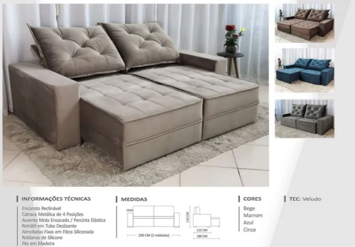 Sala sofá retrátil e reclinável de 250 cm 