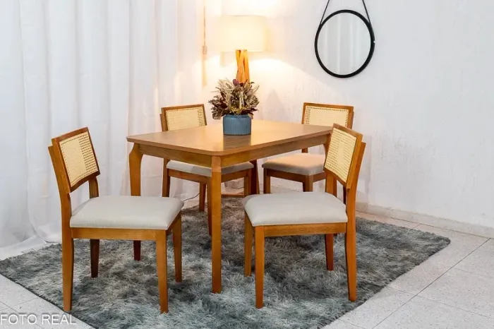 Mesa de Jantar 120×80 4 Cadeiras Jade Linho Bege Madeira Maciça rf65