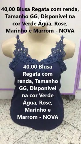 Blusa Regata com renda, Tamanho GG, Disponível na cor Verde, Marinho - NOVA