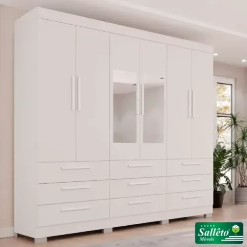 Guarda Roupa Casal Dinamarca Branco C/Espelho 6 Portas 9 Gavetas Sallêto - Entrega Rápida!