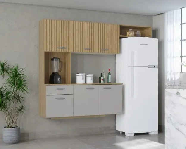 Armário Cozinha Suspensa Damasco Ripado 3D.Off White Poquema - Entrega Rápida!