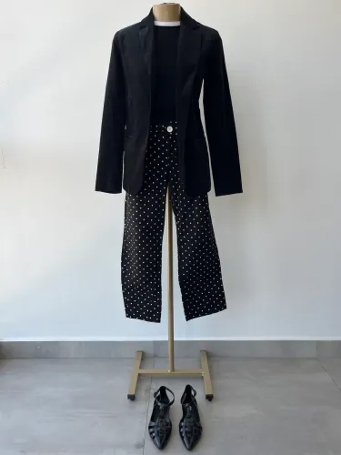 Blusa, blazer, calça e Melissa