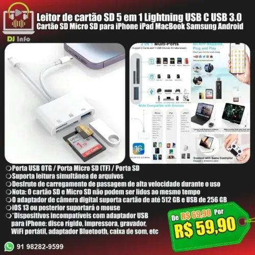 Leitor de artão SD 5 em 1 Lightning USB C USB 3.0 Cartão SD Micro SD para iPhone MacBook 