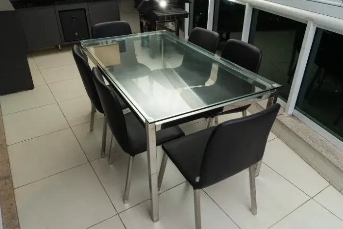 MESA DE VIDRO INCOLOR INOX 1,60X 0,90