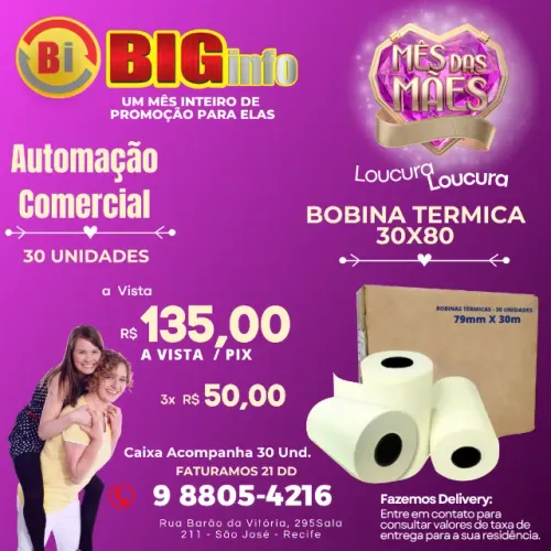 Bobina Térmica 80x30 Caixa Com 30 Unidades