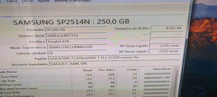 HD ide 250 GB Samsung usado funcionando