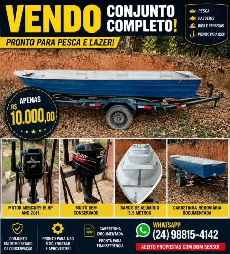 Conjunto de barco motor e carretinha rodoviaria
