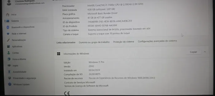 Dell i7 7500u 4GB de RAM, SSD 512GB
