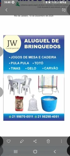 Aluguel de mesas e cadeiras de plástico,Ferro,tina, gelo,carvão e brinquedos *