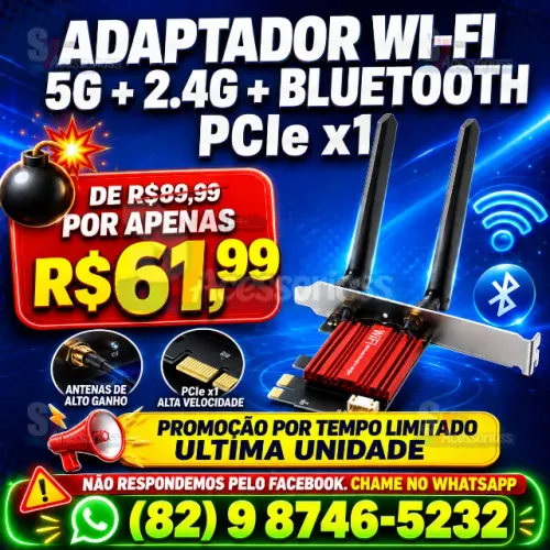 Adaptador Wi-Fi Dual Band com Bluetooth PCIe x1 ? Entrega grátis