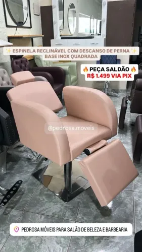 Cadeira Hidráulica Reclinável com Descanso de Perna para Maquiagem Base Quadrada Inox