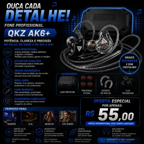QKZ AK6+ ORIGINAL /Fone Profissional Gamer / DJ / Retorno de Palco /Graves Potentes