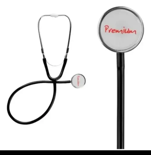 Estetoscópio preto novo, na caixa, nunca usado