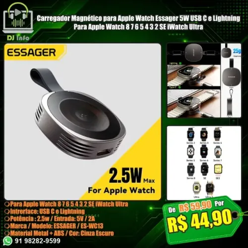 Carregador Magnético para Apple Watch Essager 5W USB C e Lightning
