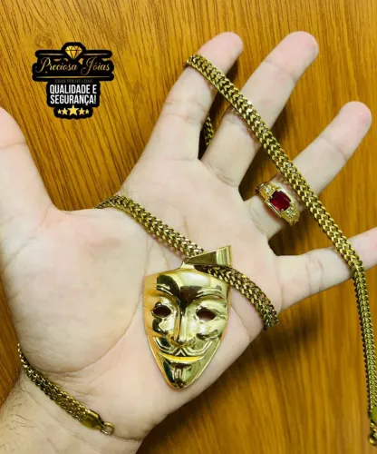 Cordão masculino com medalha e anel