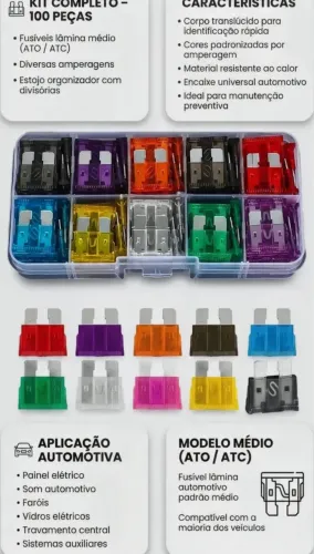 KIT 100 FUSÍVEIS AUTOMOTIVOS LÂMINA MÉDIA ATO/ATC + ESTOJO ORGANIZADOR - PRONTA ENTREGA