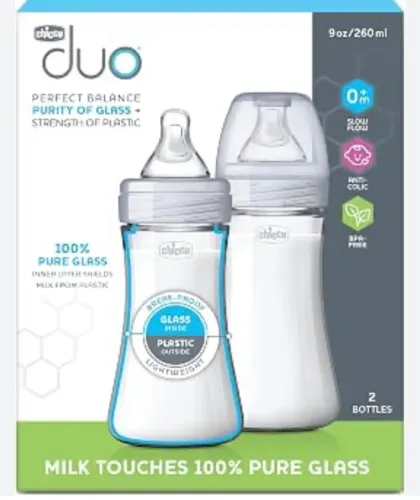 conjunto de mamadeiras híbridas Chicco Duo, com capacidade de 9 oz / 260 ml.