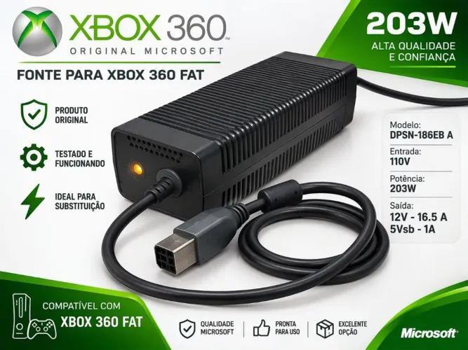 Fonte Original Microsoft Xbox 360 Fat 203W DPSN-186EB A 110V Funcionando