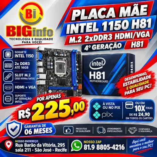 Placa-Mãe H81 M2 LGA 1150 DDR3, Suporte 4° Geração, SATA M.2 HDMI VGA USB 3.0 Em ate 10x