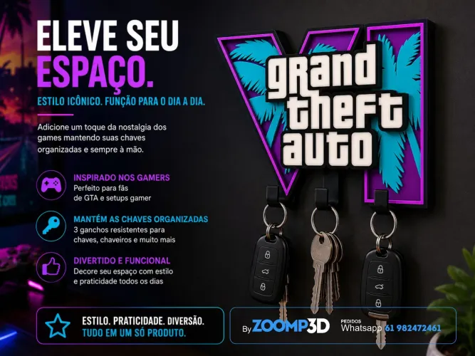 Porta Chaves Decorativo De Parede 4 GTA VI