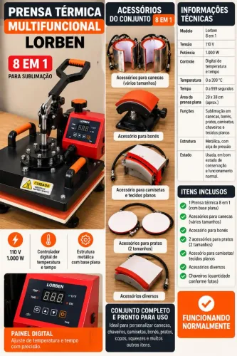 Prensa Térmica 8 em 1 para Sublimação + Acessórios para Canecas, Camisetas e Chaveiros<br>