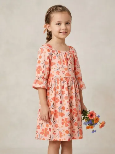 Vestido infantil salmão estampa floral