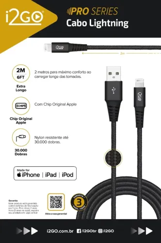 Cabo Carregador Iphone Lightning 2m Preto I2GO MFi 2,4A Nylon Trançado iPad Apple Celular