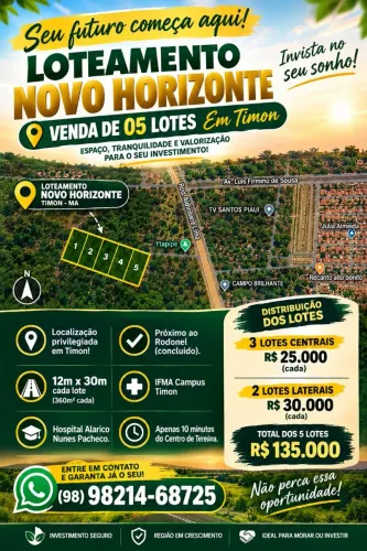 5 LOTES À VENDA EM TIMON ? EXCELENTE OPORTUNIDADE PARA MORAR OU INVESTIR!