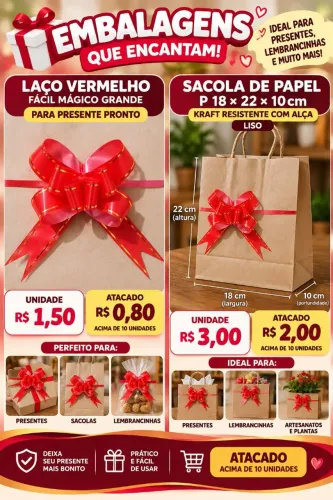 Laços vermelhos e sacolas kraft para presentes, lembranças e embalagens