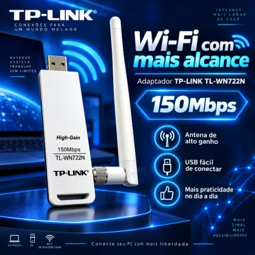 Adaptador Wi-Fi USB TP-Link TL-WN722N 150 Mbps com antena de alto ganho