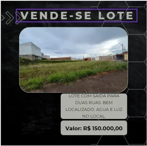 lote 360 metros quadrados. Lote de esquina, em um local tudo asfaltado. Agua e luz no lote