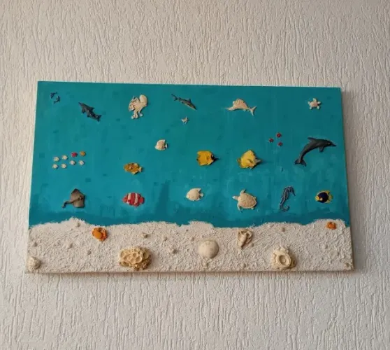 quadro decorativo vida marinha peixes e conchas tam 100x60
