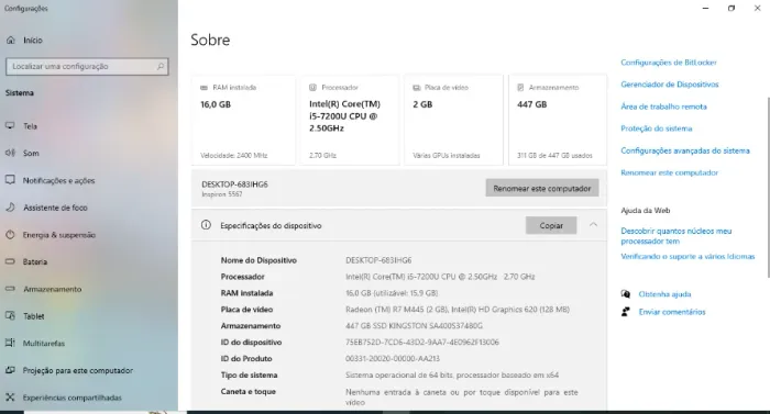 Notebook Dell Inspiron 15 5567 ? i5, 16 GB RAM, SSD 480 GB e Radeon 2 GB