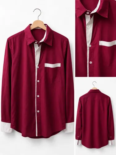 Camisa Social Masculina Bordô com Detalhes Brancos - Manga Longa