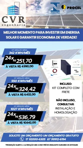KIT ENERGIA SOLAR EM 24X - FRETE INCLUSO